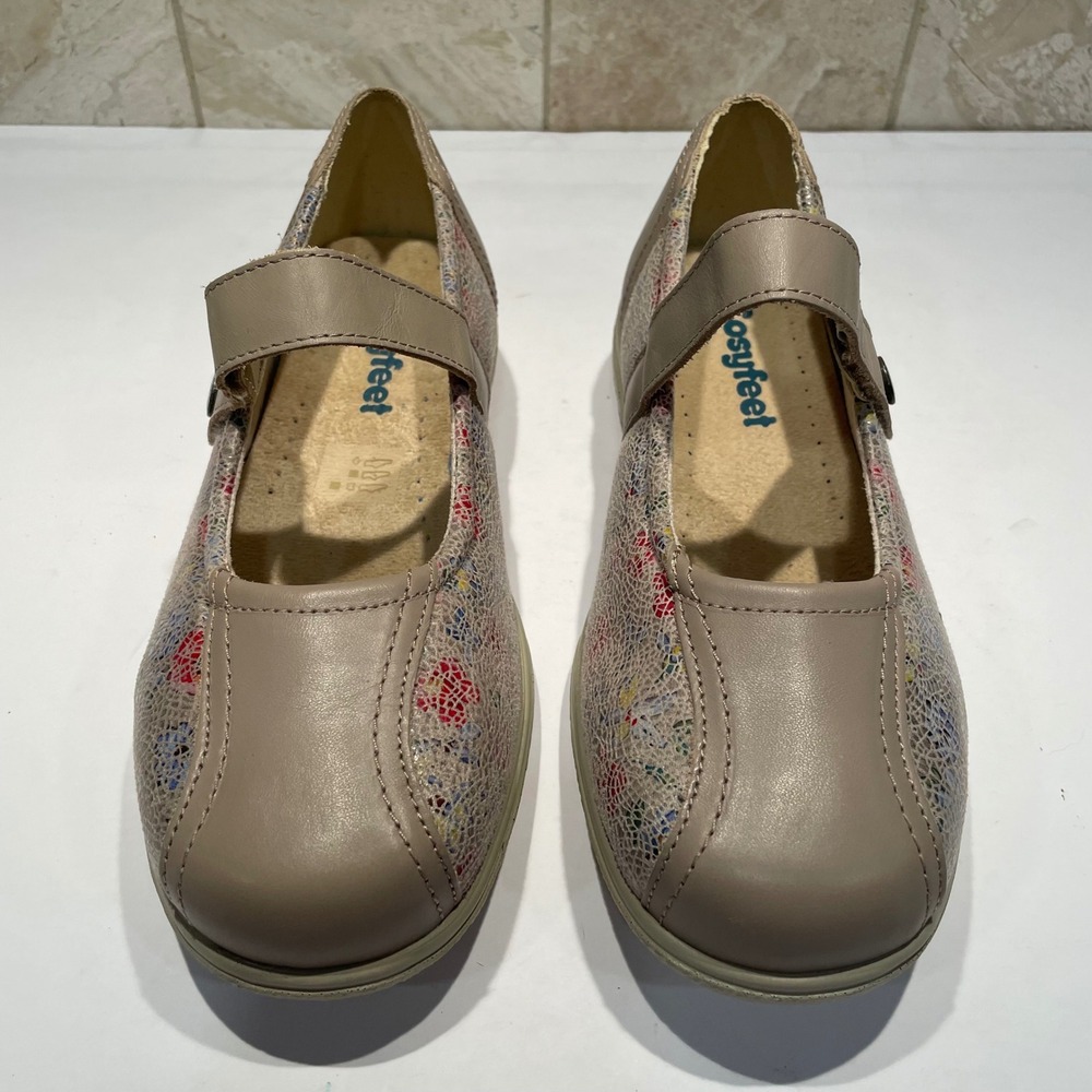 Cosyfeet Women Taupe Leather Floral Mary Jane Extra Roomy Comfort Shoes Size 7 - Picture 3 of 8